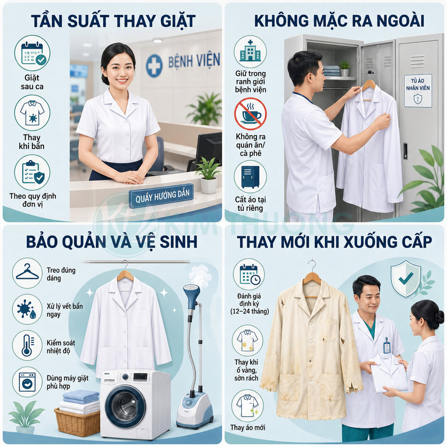 Hướng dẫn bảo quản và thay mới áo blouse bác sĩ trong bệnh viện, kèm hình minh họa giặt và vệ sinh áo
