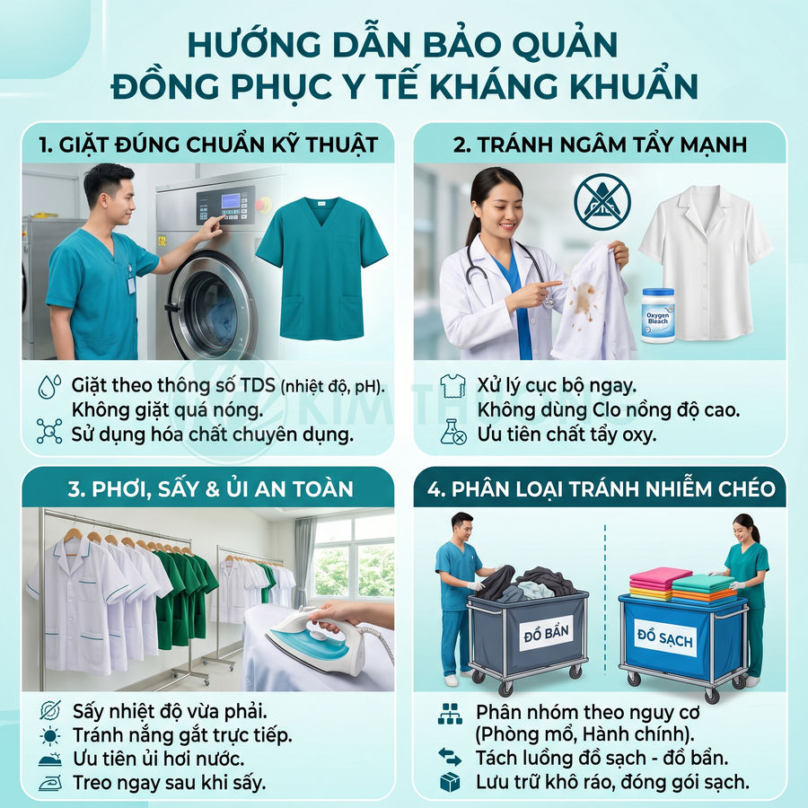 Hướng dẫn giặt sấy ủi và phân loại đồng phục y tế kháng khuẩn để giữ sạch và tránh nhiễm khuẩn