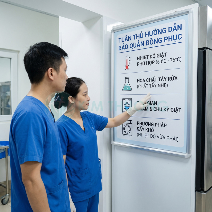 Bảng hướng dẫn bảo quản đồng phục với thông tin về nhiệt độ giặt, chất tẩy rửa và cách sấy khô
