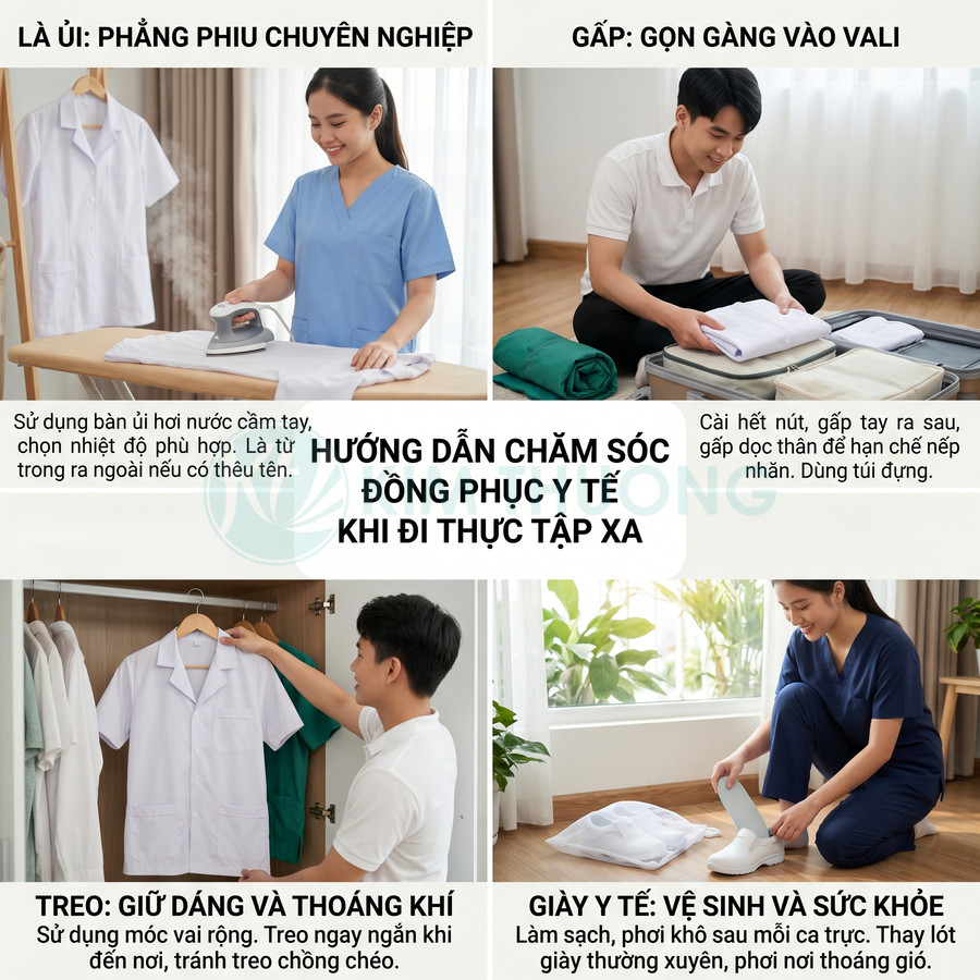 Hướng dẫn chăm sóc đồng phục y tế khi đi thực tập xa với là ủi, gấp vali, treo tủ và vệ sinh giày y tế