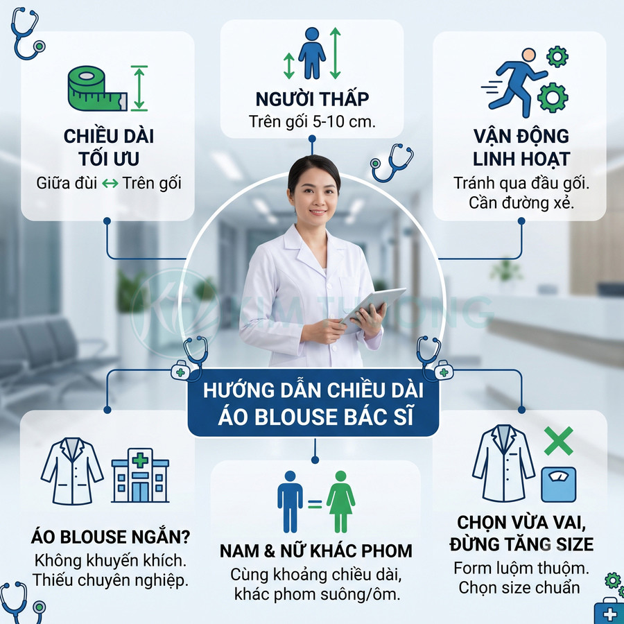 Bác sĩ nữ mặc áo blouse trắng cầm tablet trong bệnh viện, infographic hướng dẫn chọn chiều dài áo blouse bác sĩ
