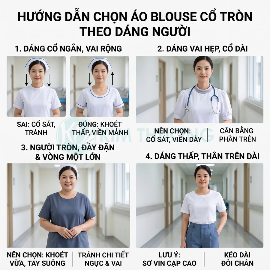 Hướng dẫn chọn áo blouse cổ tròn cho nữ điều dưỡng theo từng dáng người trong bệnh viện
