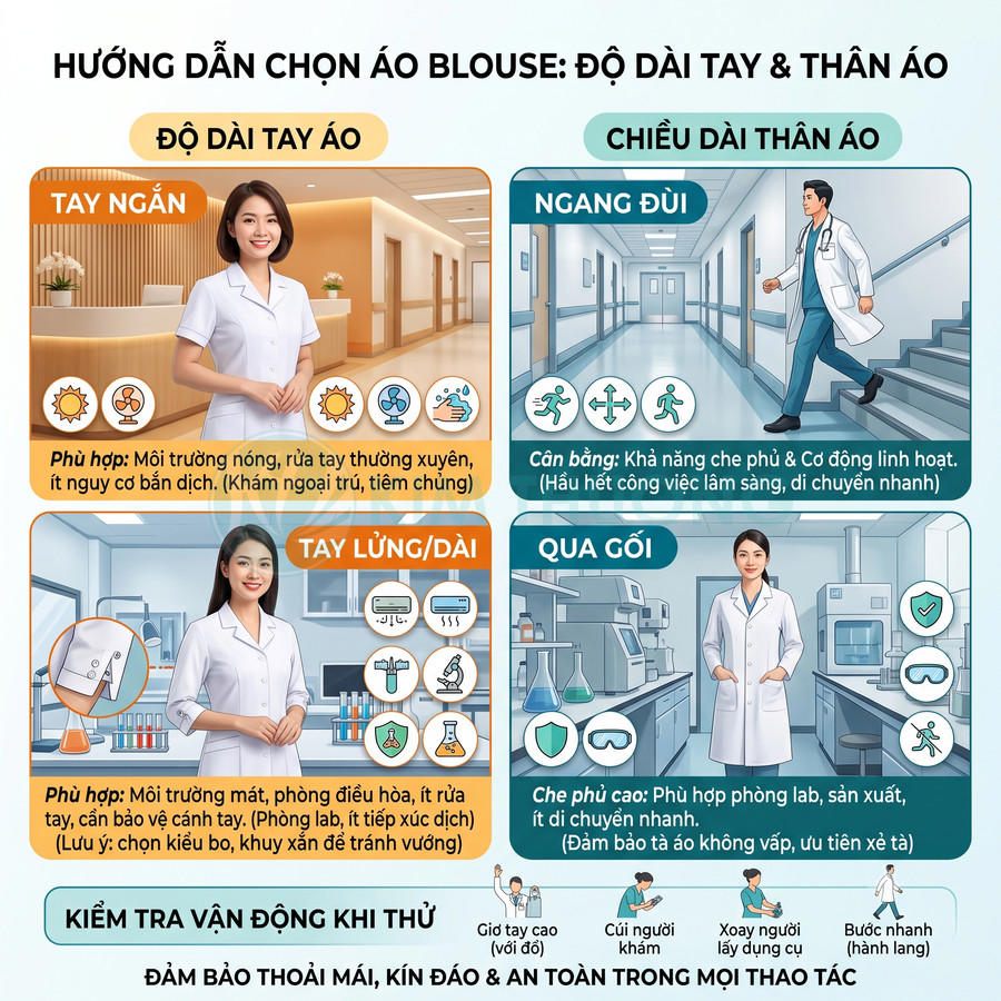 Hướng dẫn chọn áo blouse y tế với các kiểu tay áo và chiều dài thân áo phù hợp từng môi trường làm việc
