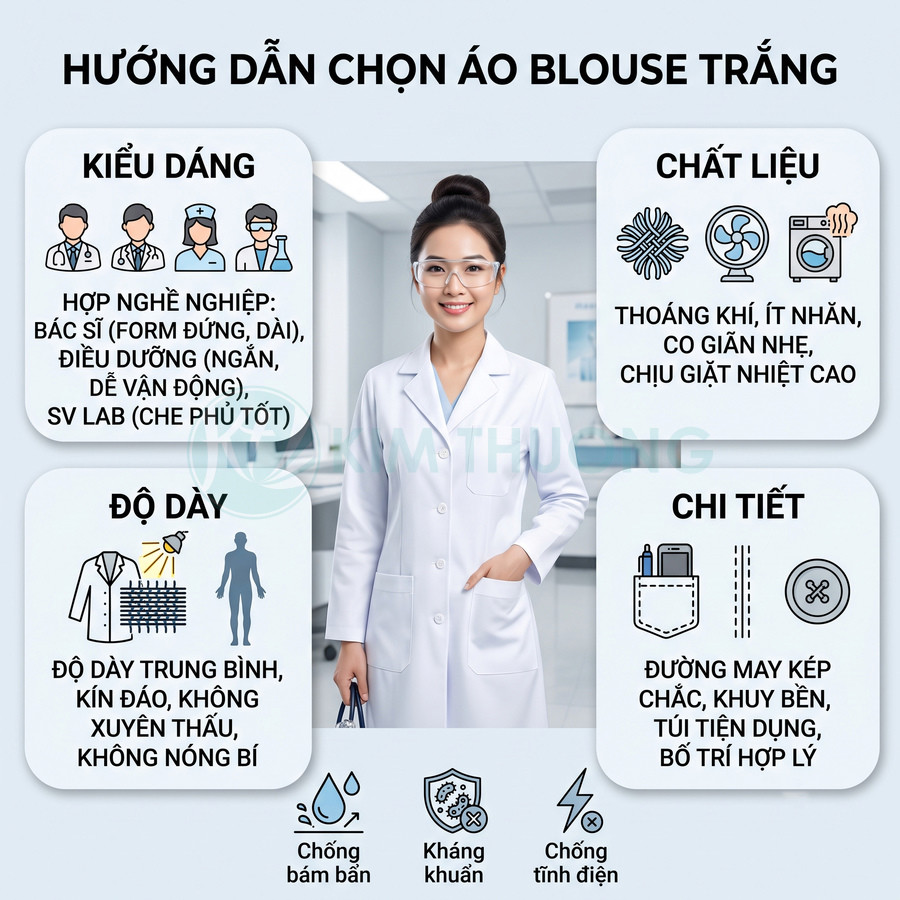 Hướng dẫn chọn áo blouse trắng cho bác sĩ và điều dưỡng với chất liệu thoáng khí, dày vừa, đường may chắc chắn