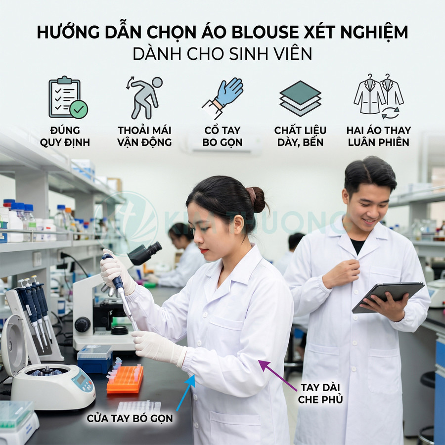 Sinh viên thực hành trong phòng thí nghiệm mặc áo blouse trắng dài tay đúng chuẩn xét nghiệm