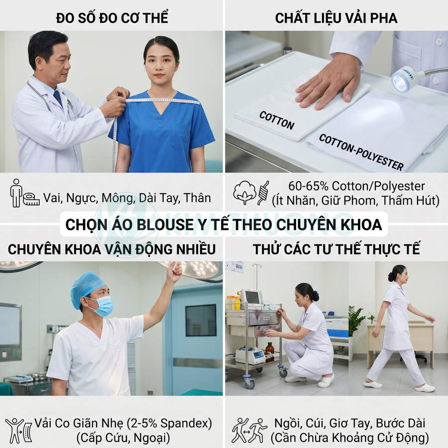Hướng dẫn chọn áo blouse y tế theo số đo cơ thể, chất liệu cotton pha và độ co giãn phù hợp từng chuyên khoa