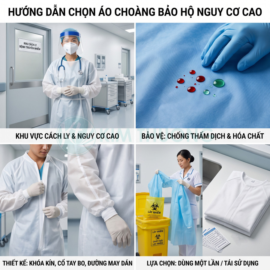 Áo choàng bảo hộ y tế chống thấm dịch và hóa chất, thiết kế khóa kín cổ tay bo dùng trong khu cách ly