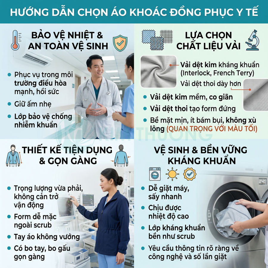 Hướng dẫn chọn áo khoác đồng phục y tế với chất liệu vải kháng khuẩn, thiết kế gọn gàng và dễ vệ sinh