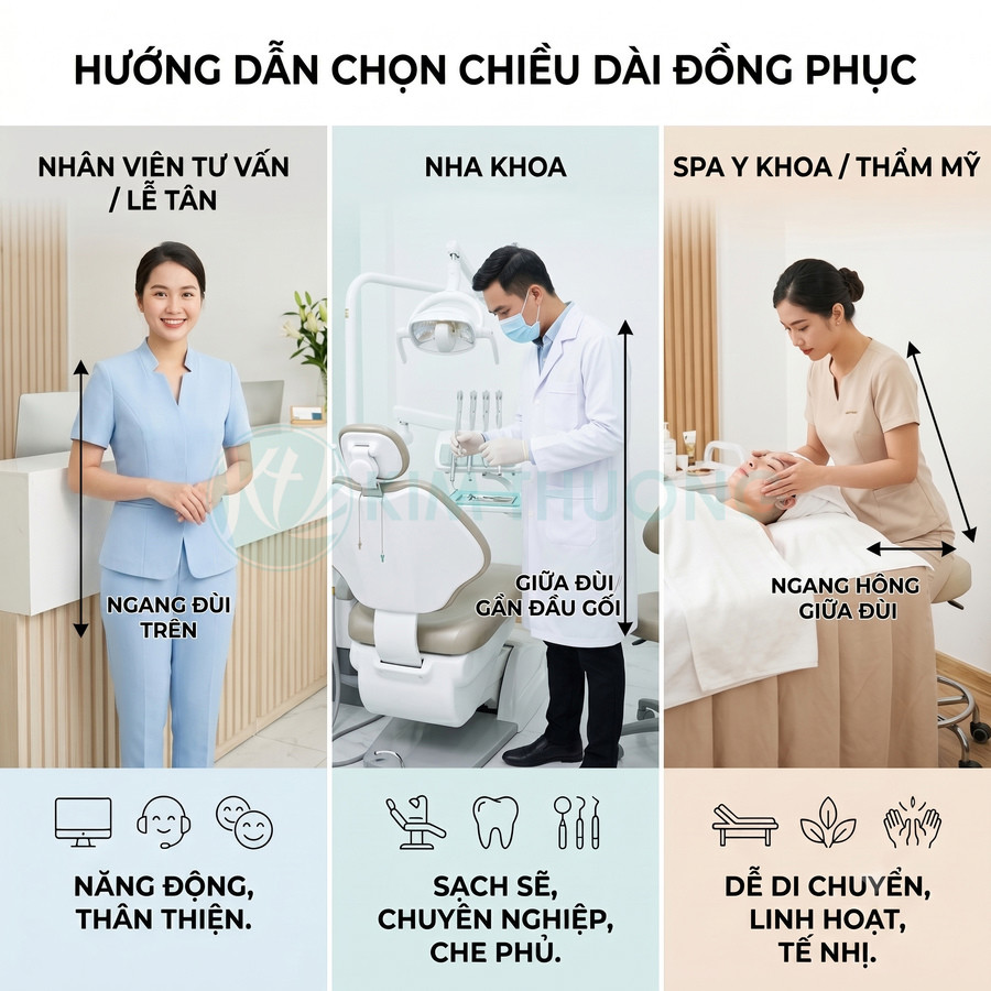 Hướng dẫn chọn chiều dài đồng phục cho nhân viên tư vấn, nha khoa và spa y khoa, mẫu áo quần gọn gàng chuyên nghiệp