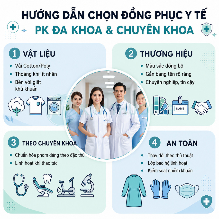 Hướng dẫn chọn đồng phục y tế cho phòng khám đa khoa và chuyên khoa với nhóm bác sĩ mặc áo blouse trắng