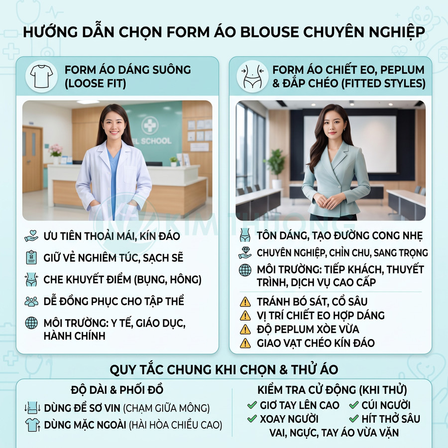Hướng dẫn chọn form áo blouse chuyên nghiệp với mẫu dáng suông và áo chiết eo peplum cho nữ văn phòng