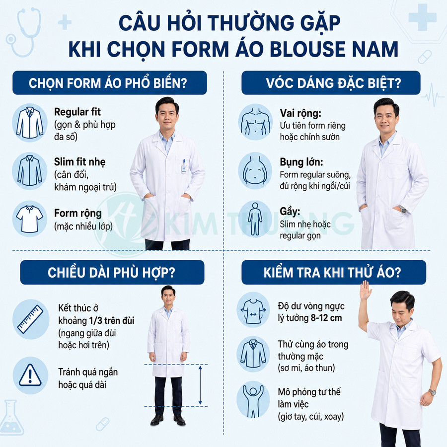 Hướng dẫn chọn form áo blouse nam với các kiểu dáng, chiều dài và cách thử áo cho bác sĩ