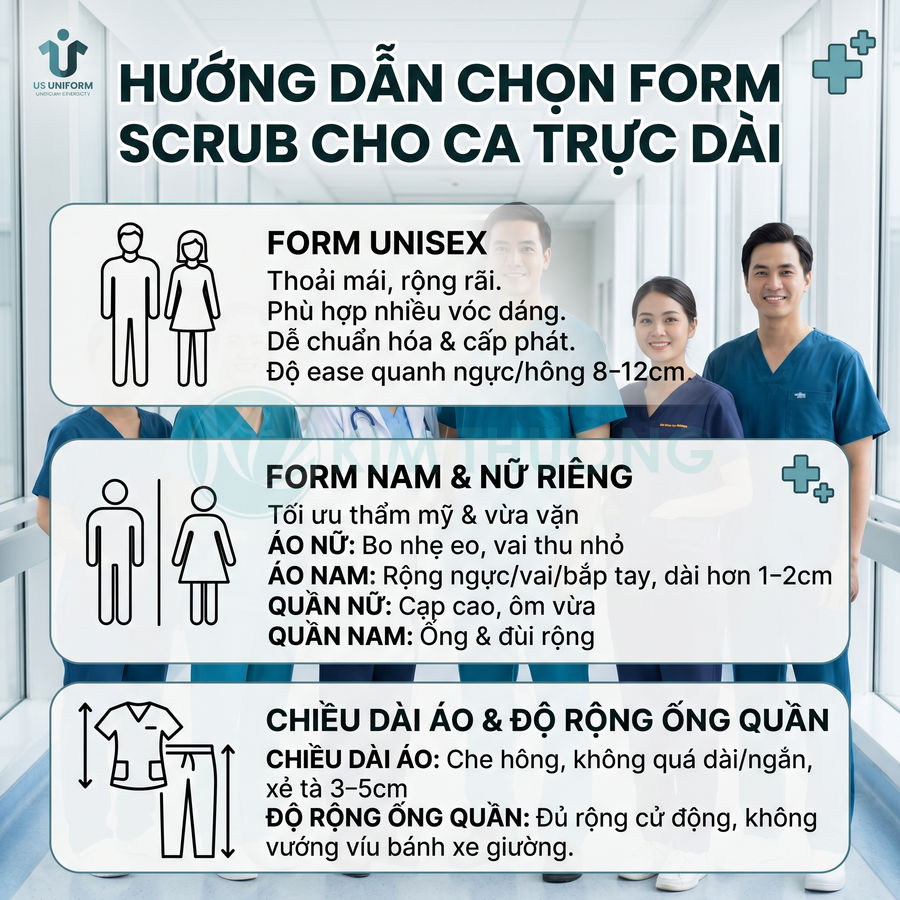 Hướng dẫn chọn form đồng phục scrub y tế US Uniform cho ca trực dài với bác sĩ mặc mẫu minh họa
