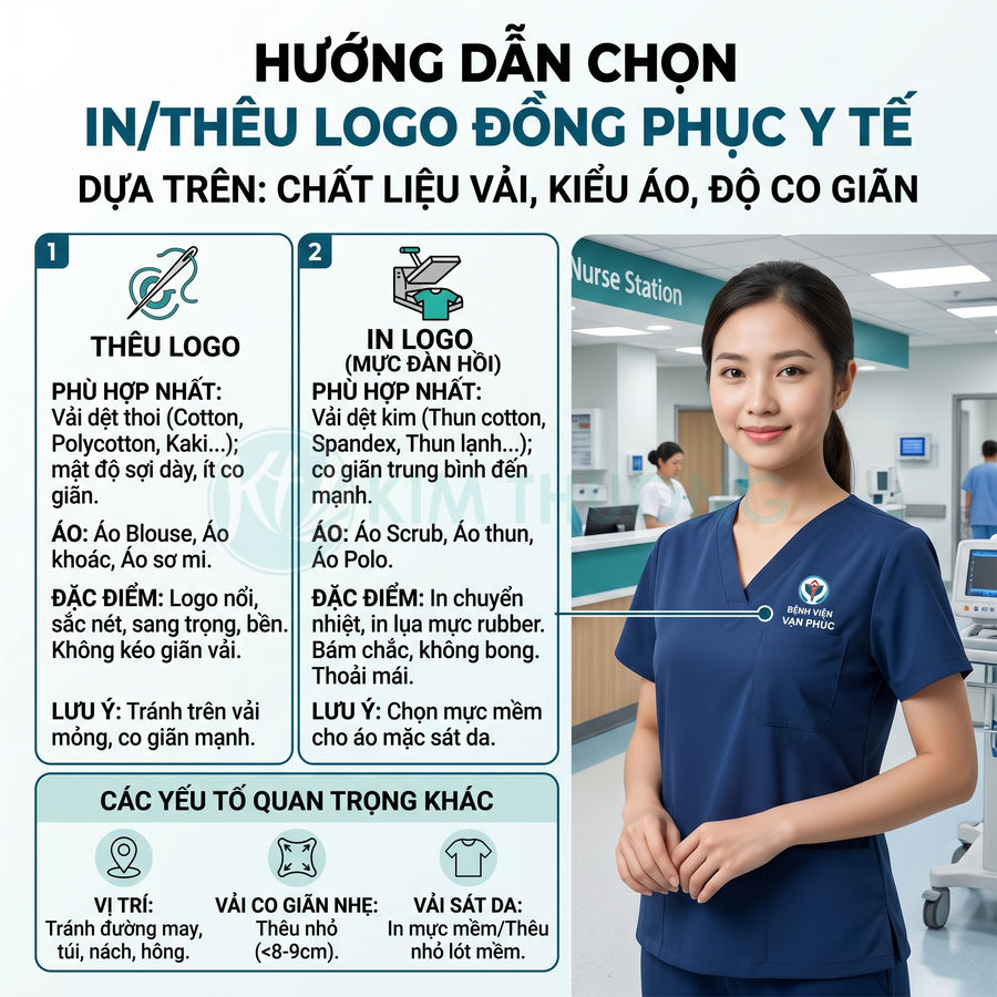 Nữ y tá mặc đồng phục y tế màu xanh navy in logo Bệnh viện Vạn Phúc đứng trong phòng khám hiện đại