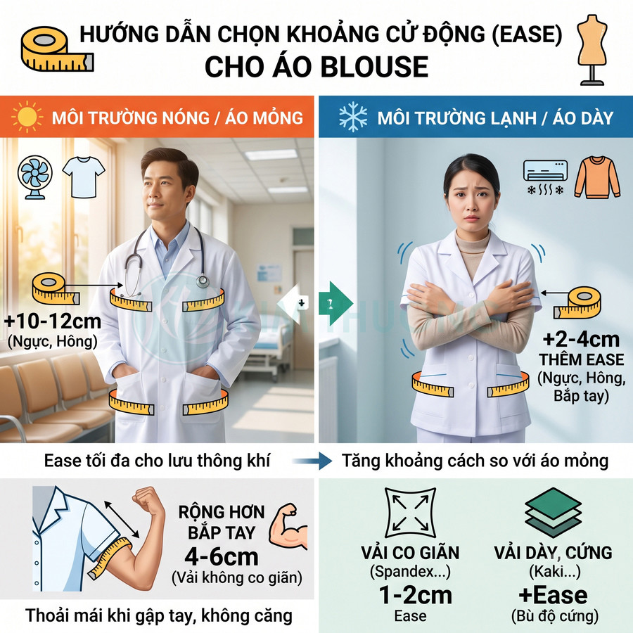 Hướng dẫn chọn khoảng cử động cho áo blouse bác sĩ trong môi trường nóng lạnh và các loại vải khác nhau