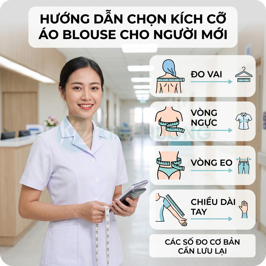 Nữ nhân viên y tế mặc áo blouse trắng cầm thước dây, hướng dẫn cách đo chọn size áo blouse
