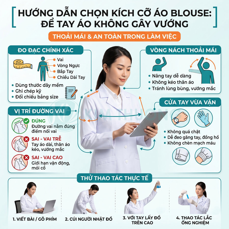 Hướng dẫn chọn kích cỡ áo blouse y tế vừa vặn với người mẫu nữ mặc áo blouse trắng cầm máy tính bảng