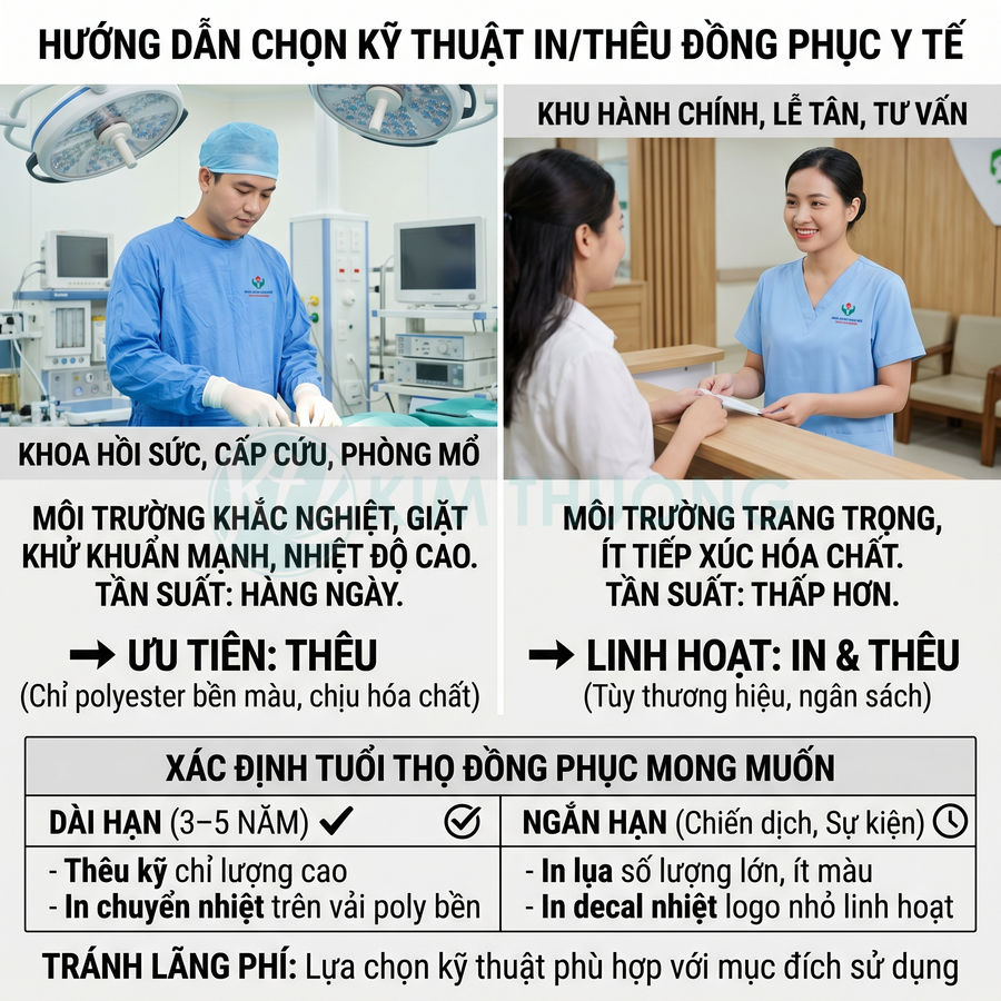 Hướng dẫn chọn kỹ thuật in thêu đồng phục y tế cho bác sĩ phẫu thuật và nhân viên lễ tân bệnh viện