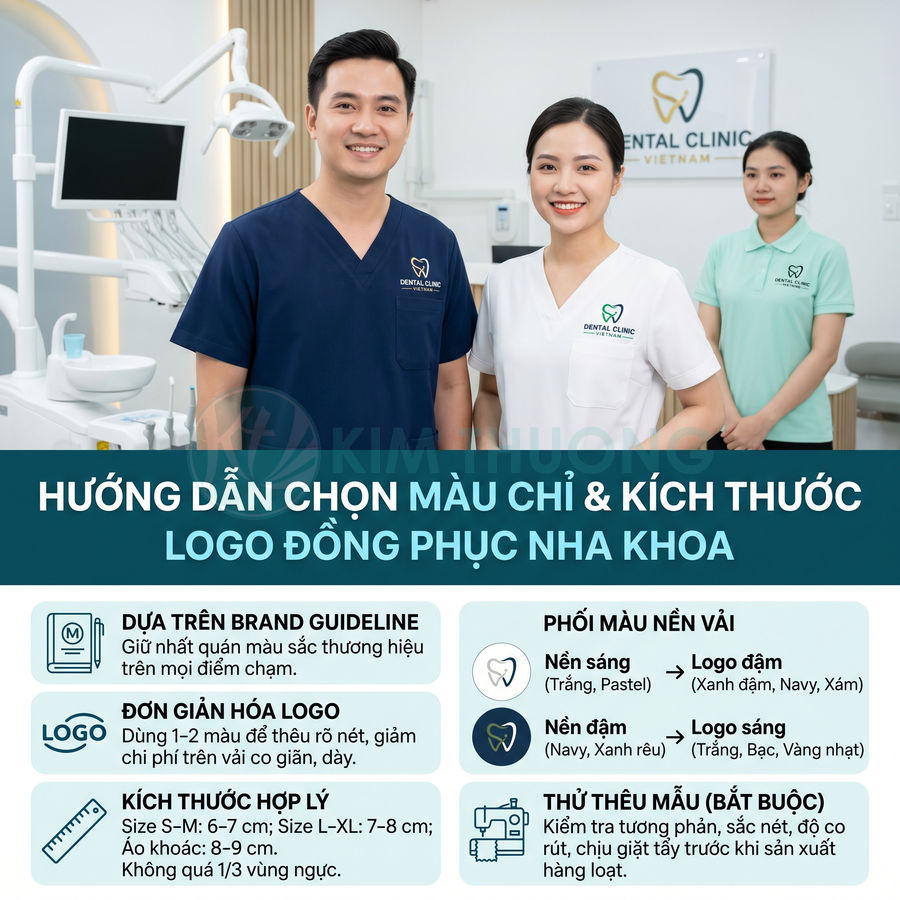 Đồng phục nha khoa Dental Clinic Việt Nam với logo thêu trên áo bác sĩ và nhân viên trong phòng khám hiện đại