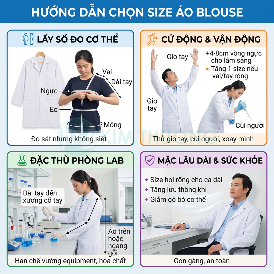 Hướng dẫn chọn size áo blouse phòng lab với người mẫu đo cơ thể và thử cử động khi mặc