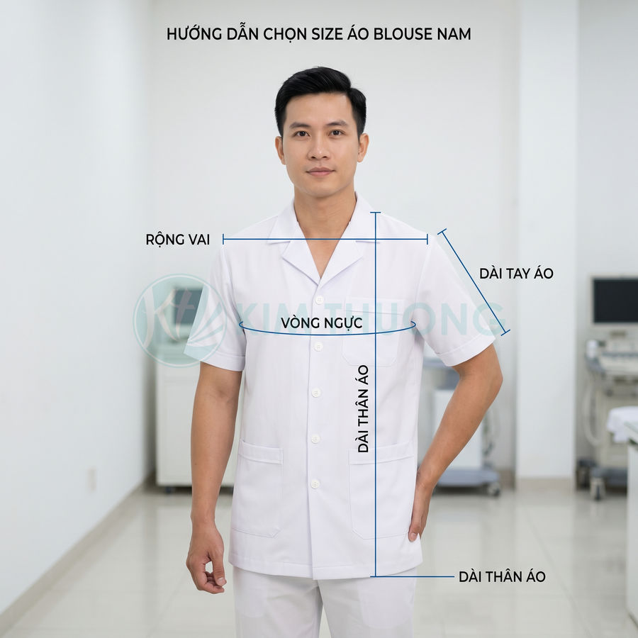 Hướng dẫn đo size áo blouse nam tay ngắn màu trắng cho nhân viên y tế