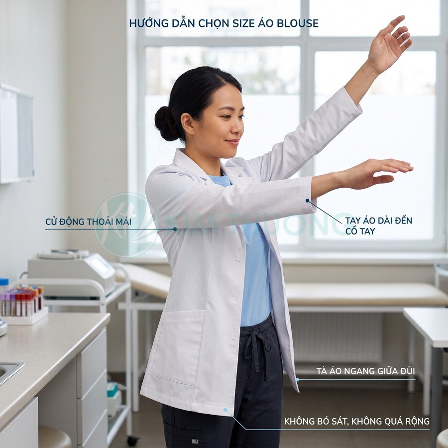 Bác sĩ nữ mặc áo blouse trắng tay dài vừa vặn, tà áo ngang giữa đùi, cử động tay thoải mái trong phòng khám