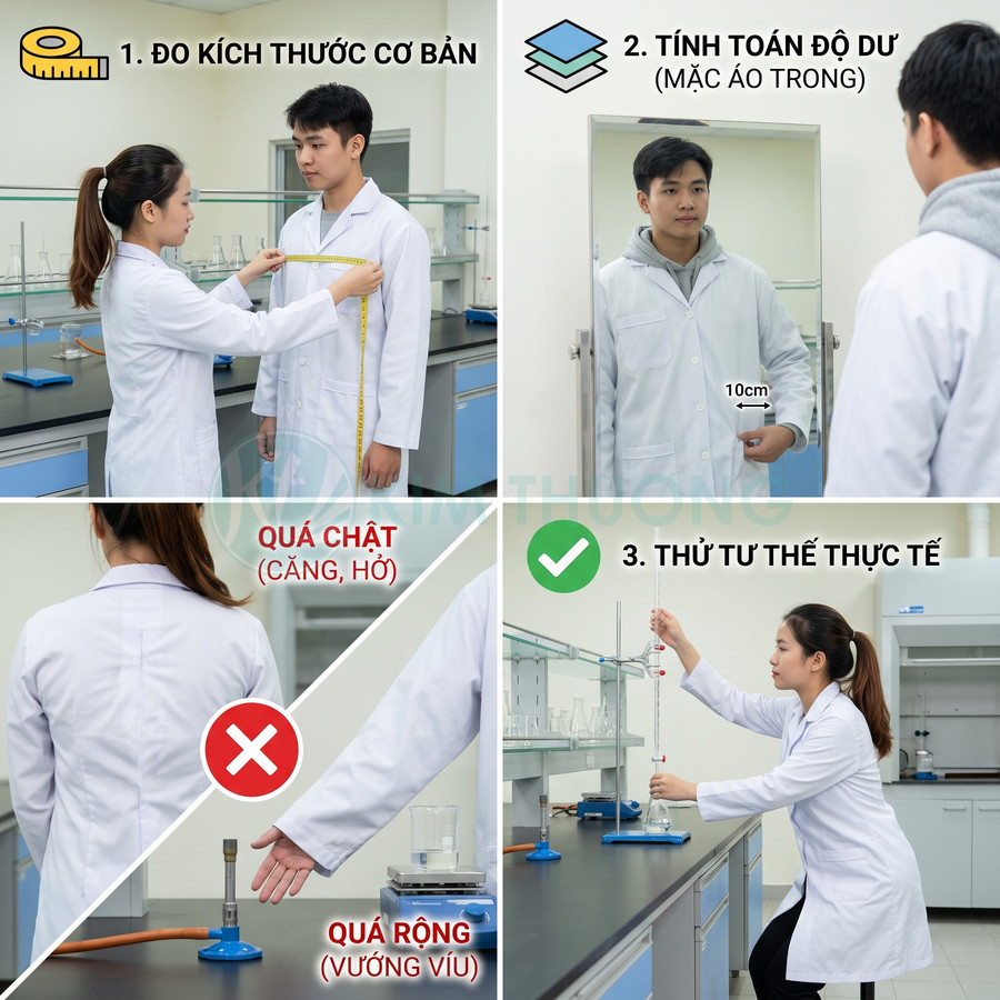 Hướng dẫn đo kích thước và thử độ vừa vặn áo blouse phòng thí nghiệm trước khi may georgia