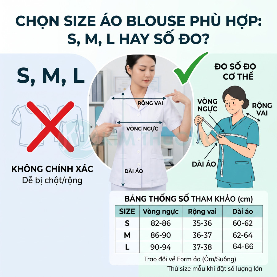 Hướng dẫn đo vòng ngực, rộng vai, dài áo để chọn size áo blouse y tế S M L chính xác