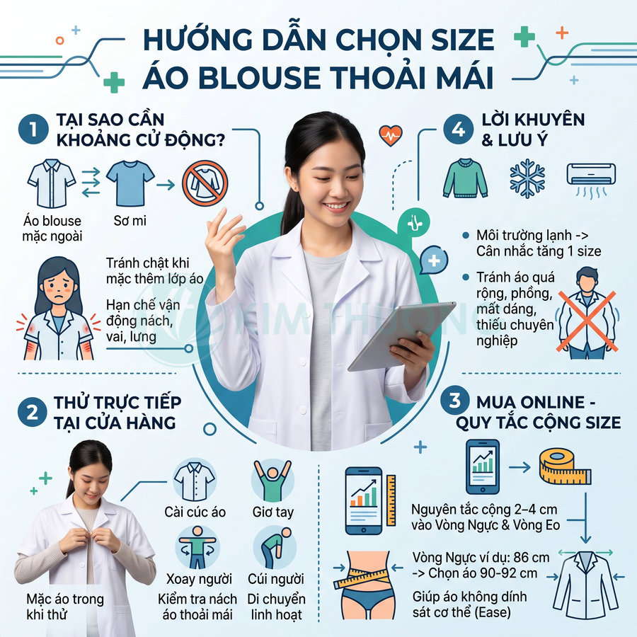 Hướng dẫn chọn size áo blouse thỏa mái với nữ bác sĩ mặc áo blouse trắng cầm máy tính bảng