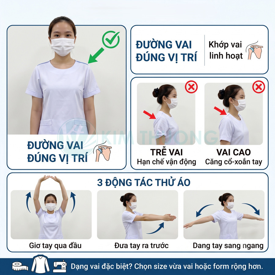 Hướng dẫn chọn áo điều dưỡng đúng đường vai và thử áo với ba động tác giơ tay, đưa tay, dang tay