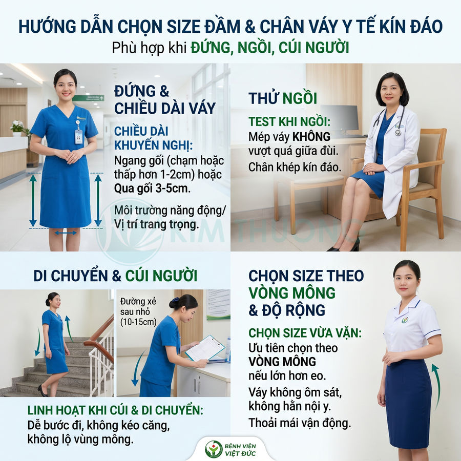 Hướng dẫn chọn size đầm và chân váy y tế kín đáo cho nữ nhân viên bệnh viện khi đứng ngồi cúi người