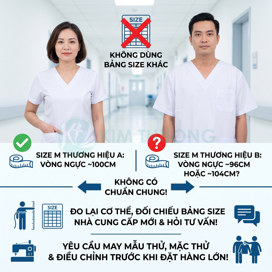 Đồng phục y tế màu trắng minh họa việc đo lại số đo cơ thể và đối chiếu bảng size riêng của nhà cung cấp trước khi đặt may.