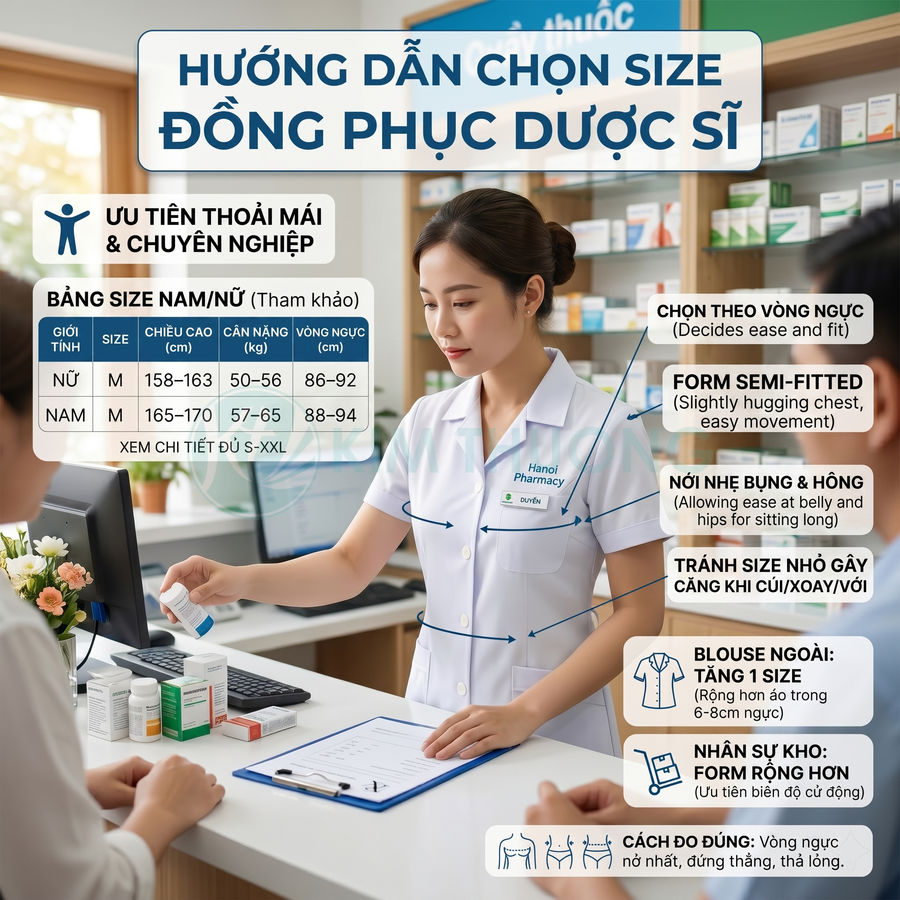 Dược sĩ nữ mặc đồng phục blouse trắng Hanoi Pharmacy tư vấn thuốc tại quầy, bảng hướng dẫn chọn size đồng phục