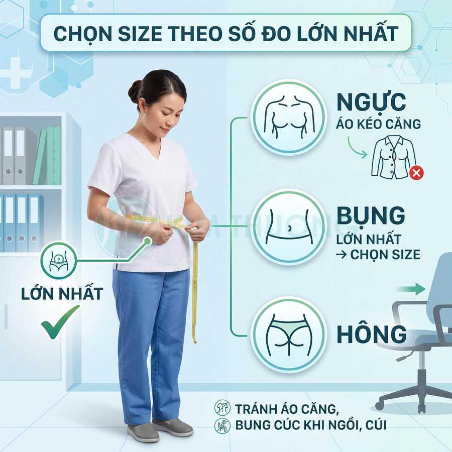 Nhân viên y tế mặc đồng phục đo vòng bụng để chọn size áo quần vừa vặn tránh áo căng bung cúc
