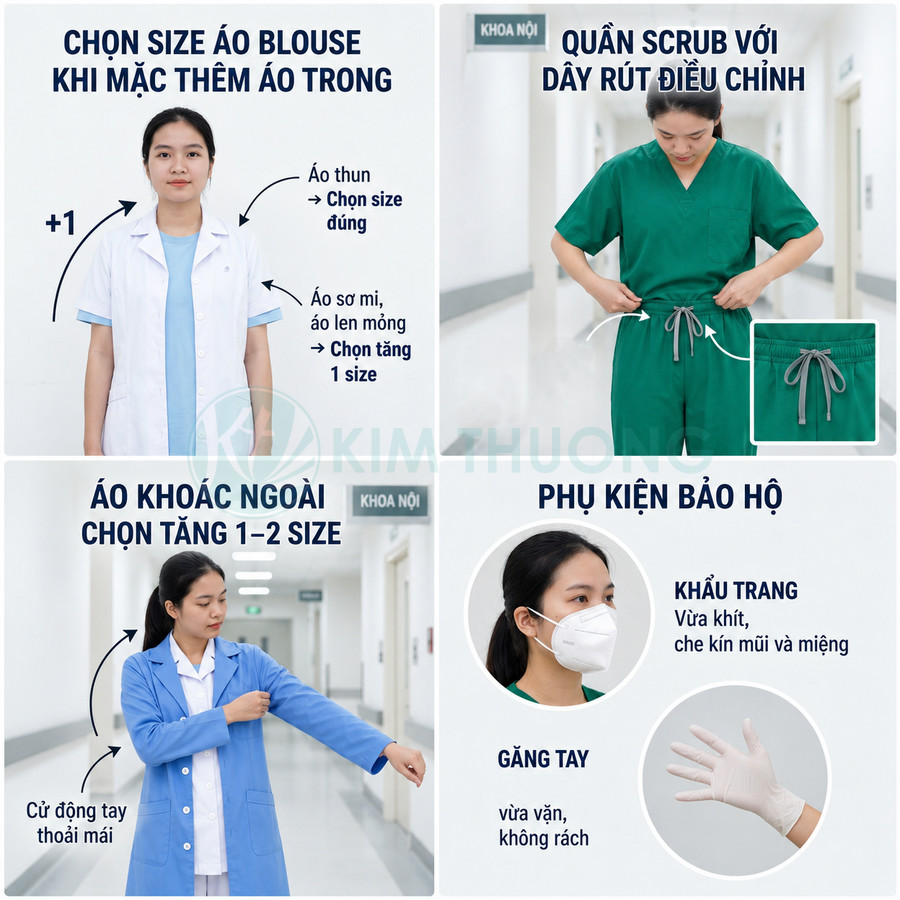 Hướng dẫn chọn size áo blouse, quần scrub và phụ kiện bảo hộ y tế cho nhân viên bệnh viện