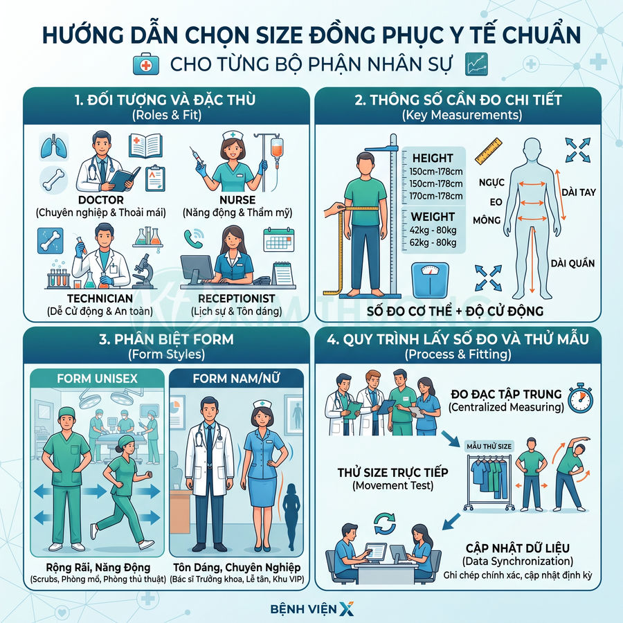 Hướng dẫn chọn size đồng phục y tế chuẩn cho bác sĩ, y tá và nhân viên bệnh viện