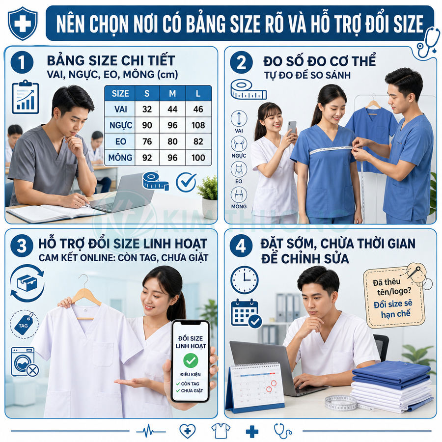 Hướng dẫn chọn size và đổi size đồng phục y tá bác sĩ màu trắng xanh cho nhân viên y tế