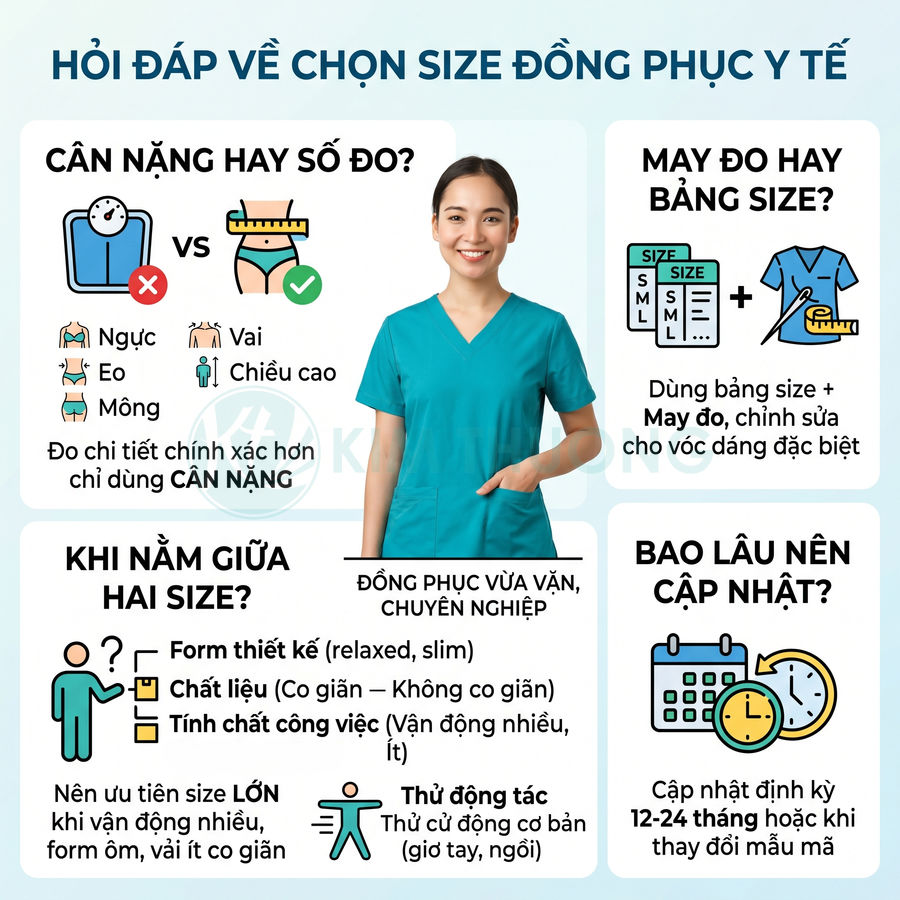 Hướng dẫn chọn size đồng phục y tế với nữ nhân viên mặc bộ scrub màu xanh ngọc
