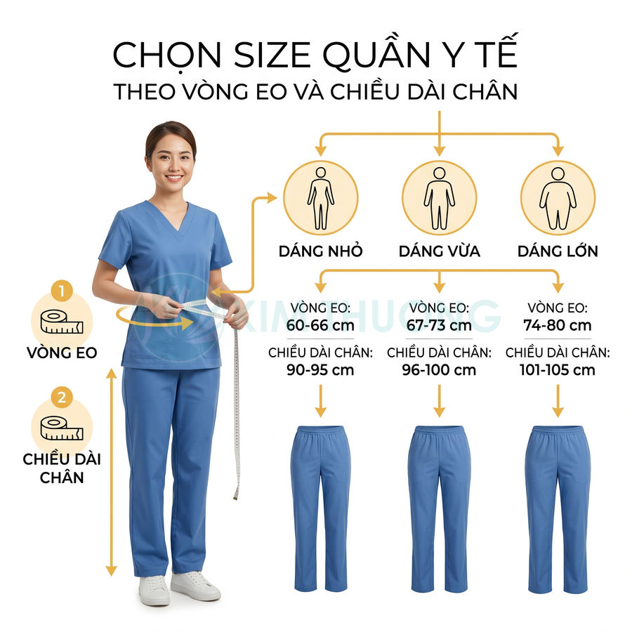 Hướng dẫn chọn size quần y tế màu xanh theo số đo vòng eo và chiều dài chân cho dáng nhỏ vừa lớn