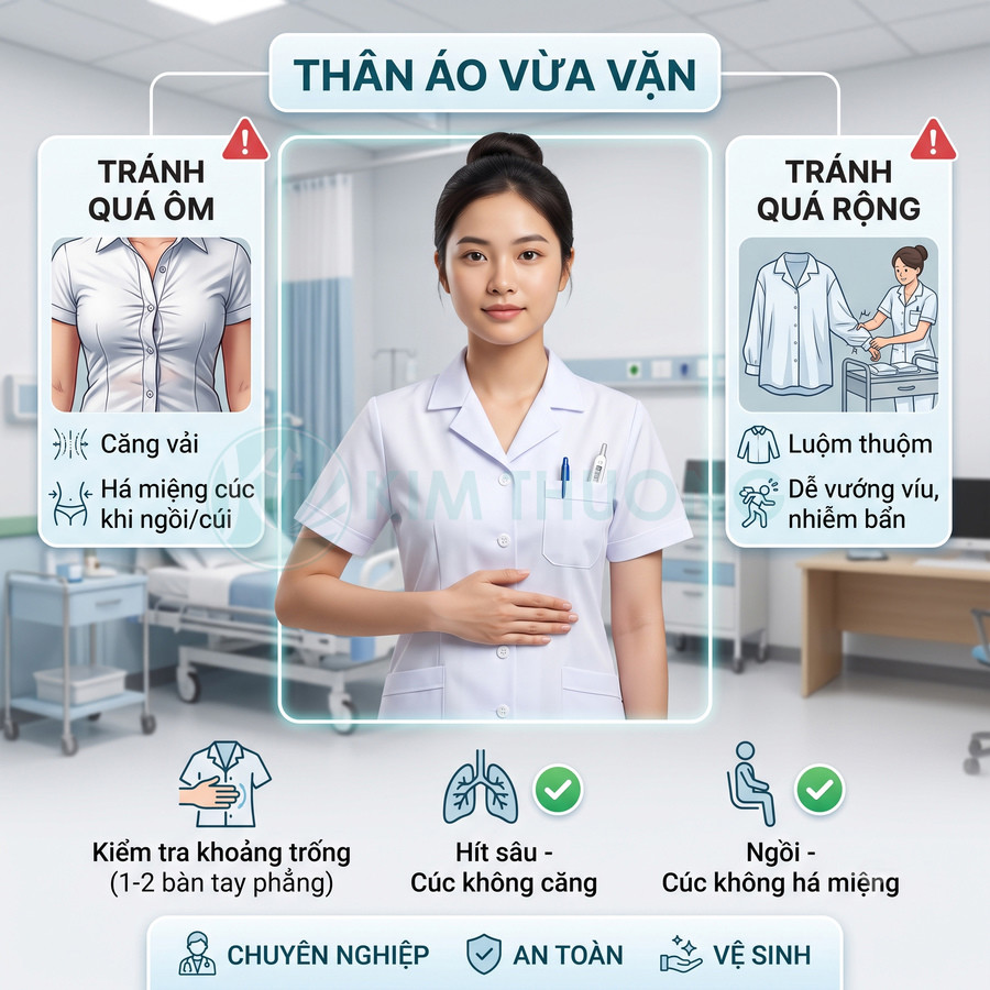 Nữ điều dưỡng mặc đồng phục blouse trắng vừa vặn trong phòng khám, hướng dẫn chọn size áo phù hợp