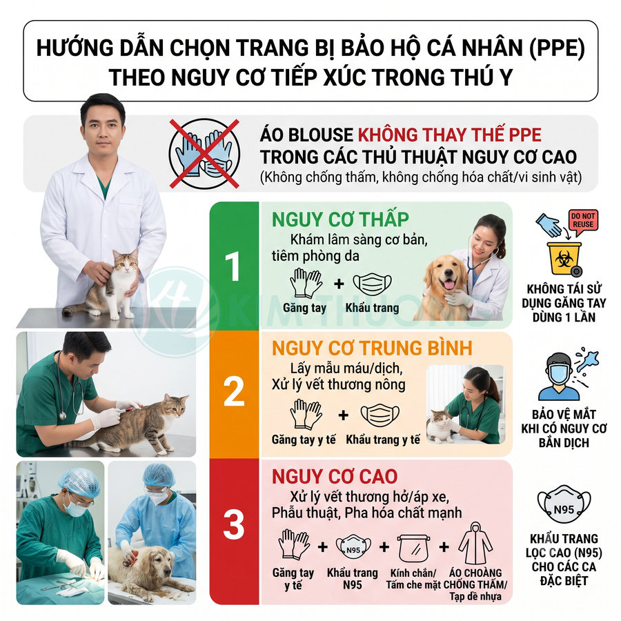 Hướng dẫn chọn trang bị bảo hộ cá nhân PPE cho bác sĩ thú y theo mức độ nguy cơ tiếp xúc