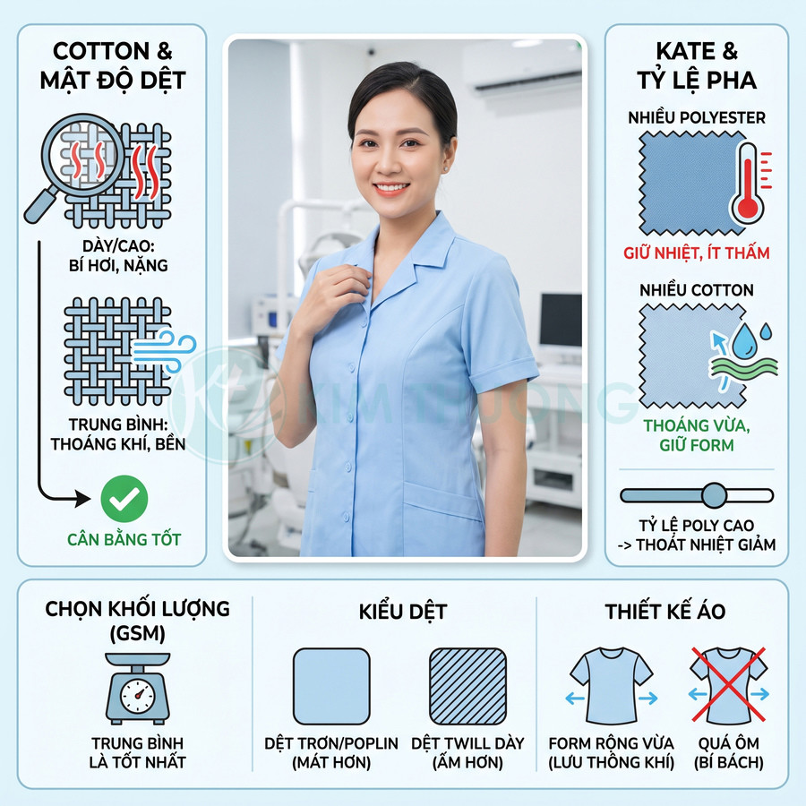 Áo đồng phục y tế màu xanh nhạt và bảng hướng dẫn chọn chất liệu cotton pha polyester thoáng khí, bền, giữ form.