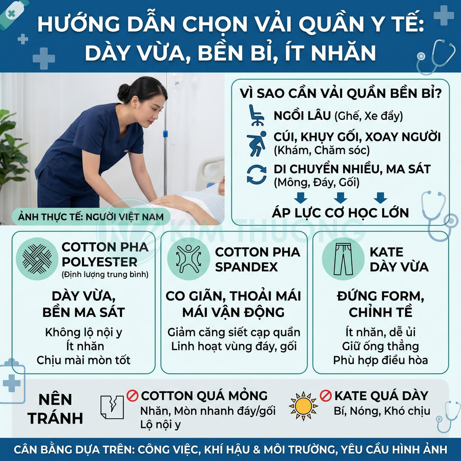 Hướng dẫn chọn vải quần y tế cho điều dưỡng với các loại cotton pha polyester, spandex và kate dày vừa