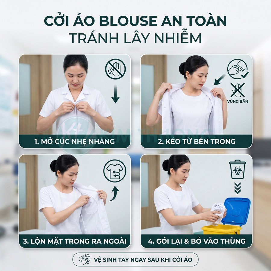 Hướng dẫn nhân viên y tế cởi áo blouse an toàn, lộn mặt trong ra ngoài và cho vào thùng rác y tế