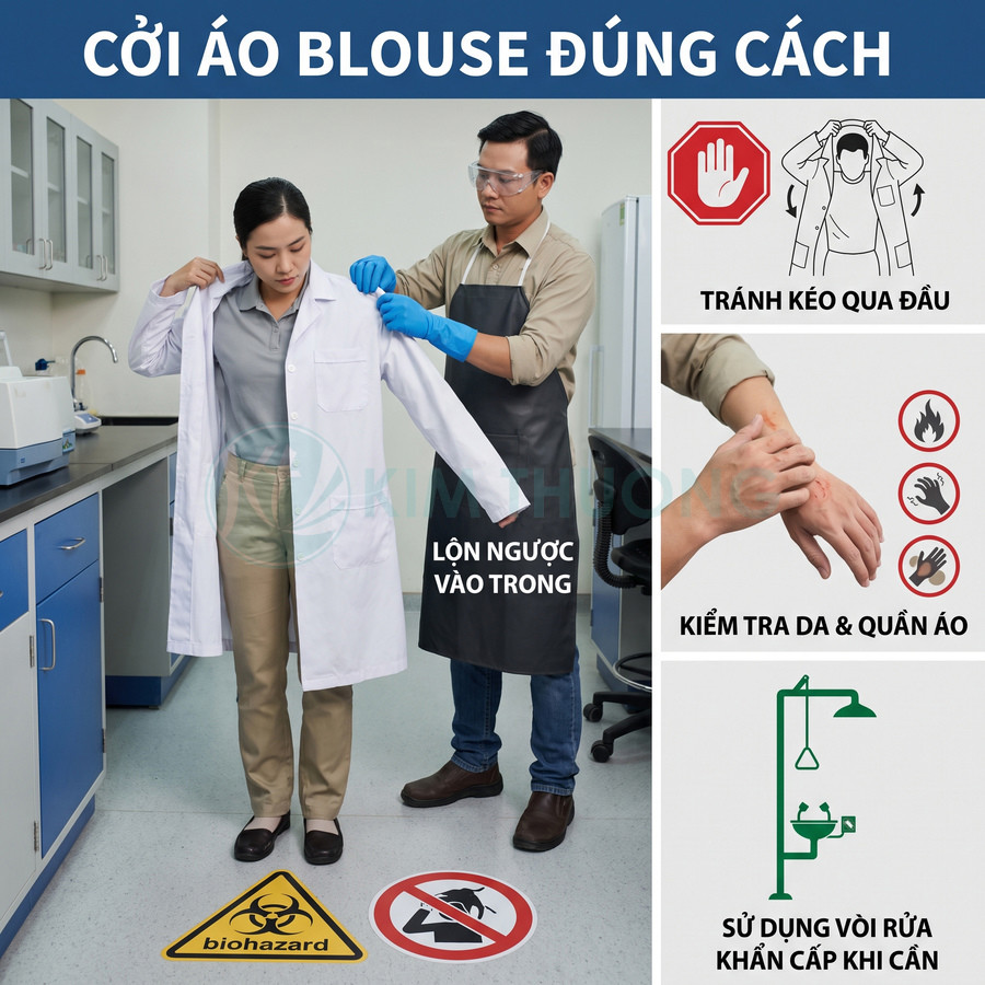 Nhân viên mặc áo blouse phòng thí nghiệm đúng cách, lộn mặt trong và kiểm tra da, quần áo trước khi vào phòng khẩn cấp