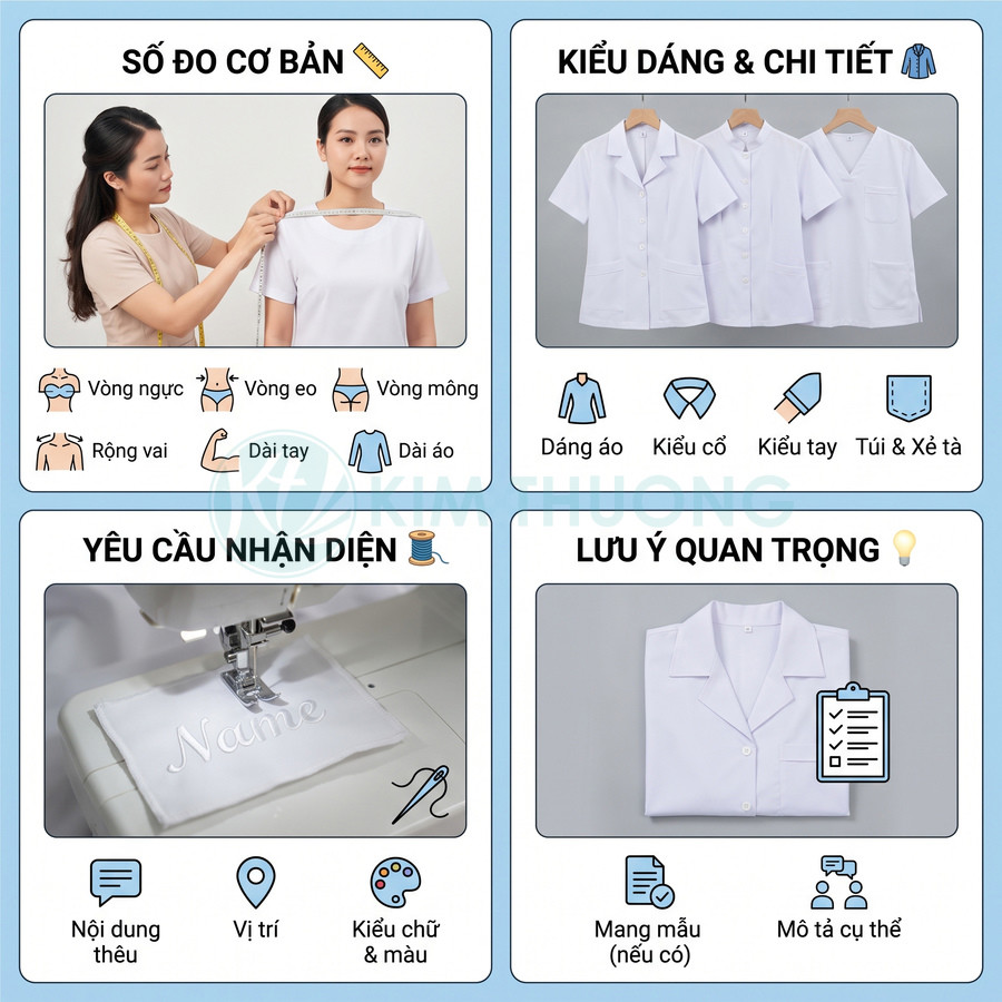 Hướng dẫn đặt may áo blouse trắng với số đo cơ thể, kiểu dáng, chi tiết thêu và yêu cầu nhận diện cụ thể