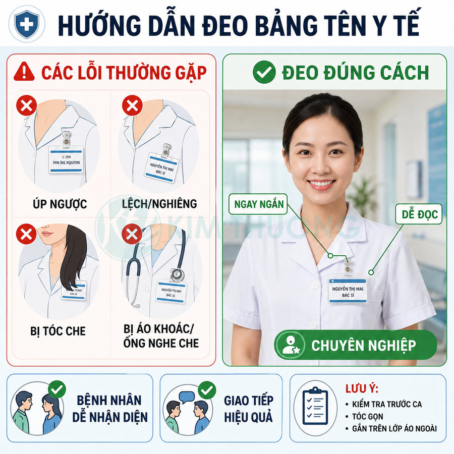 Nữ bác sĩ mặc áo blouse trắng đeo bảng tên y tế ngay ngắn trước ngực trong bệnh viện