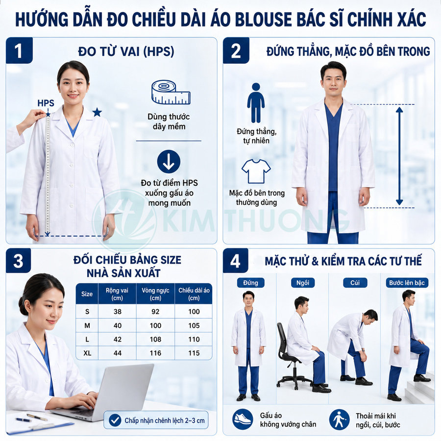 Hướng dẫn đo size và chọn chiều dài áo blouse bác sĩ trắng cho nam nữ