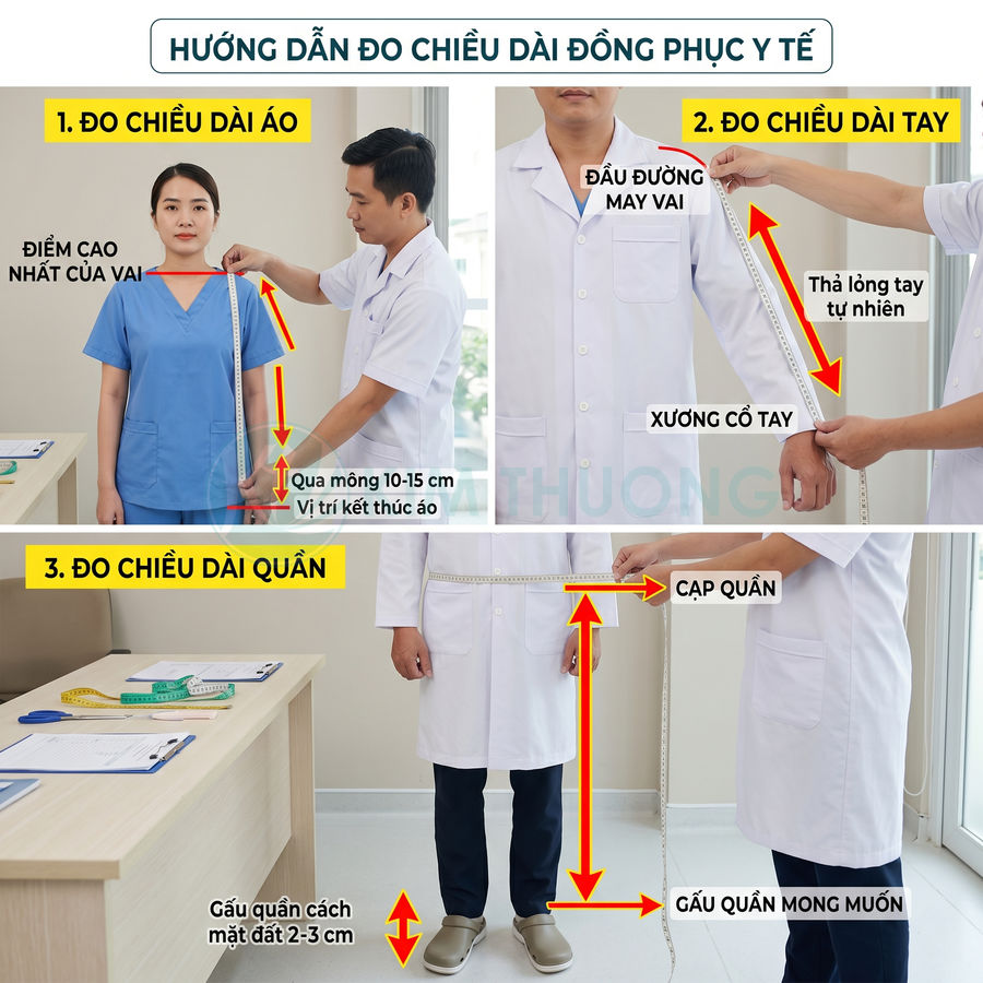 Hướng dẫn đo chiều dài áo tay và quần đồng phục y tế cho bác sĩ và y tá