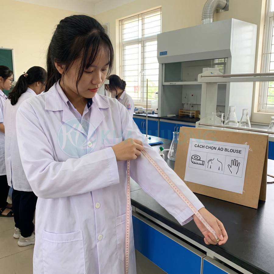 Nữ sinh đo chiều dài tay áo blouse trắng bằng thước dây trong phòng thực hành may mặc